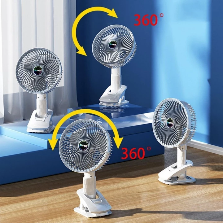 Quạt Tích Điện Để Bàn Có Đế Kẹp Tiện Lợi, Đầu Xoay 360 Độ, Quạt Tích Điện Để Bàn Có đế kẹp hít tường