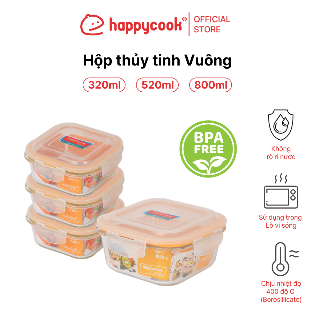 Ảnh Hộp thủy tinh hình vuông 320ml, 520ml, 800ml HAPPYCOOK 1