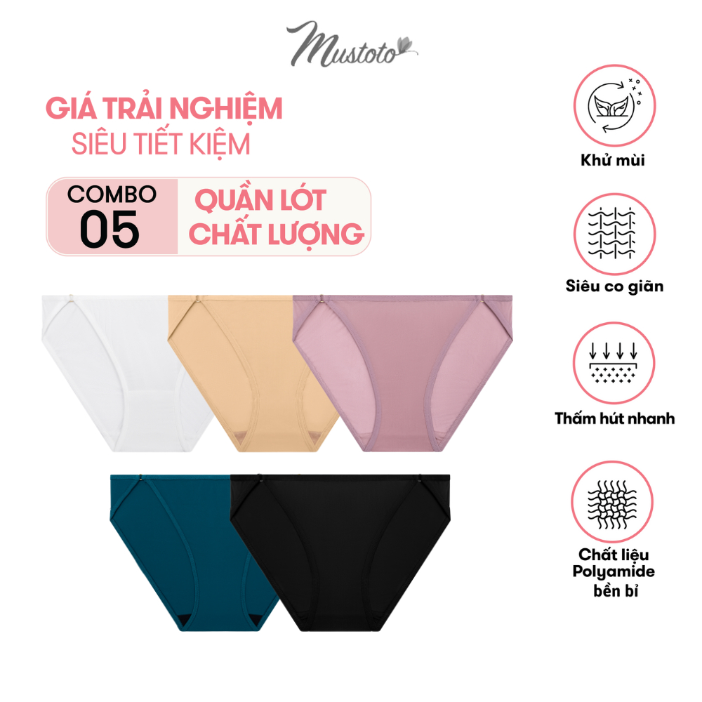 Combo 5 Quần Lót Nữ Trơn Lưng Thấp Thoải Mái Thoáng Mát Mustoto MQ01 Đen, Trắng, Hồng Đất, Xanh Mallard, Hồng Da spe
