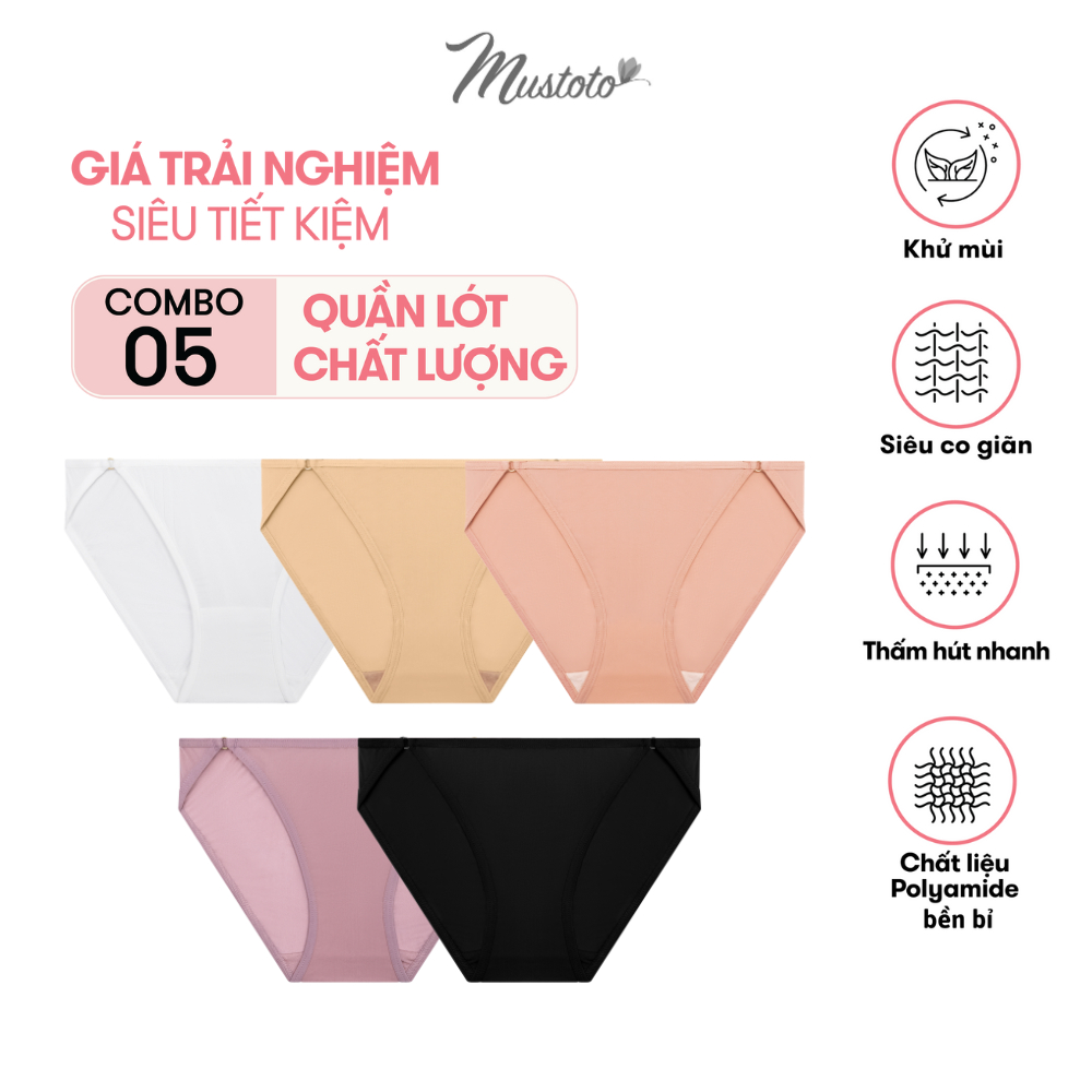 Combo 5 Quần Lót Nữ Trơn Lưng Thấp SnapDagron Mustoto MQ01 Đen, Trắng, Hồng Cam, Hồng Đất, Da Đậm spe