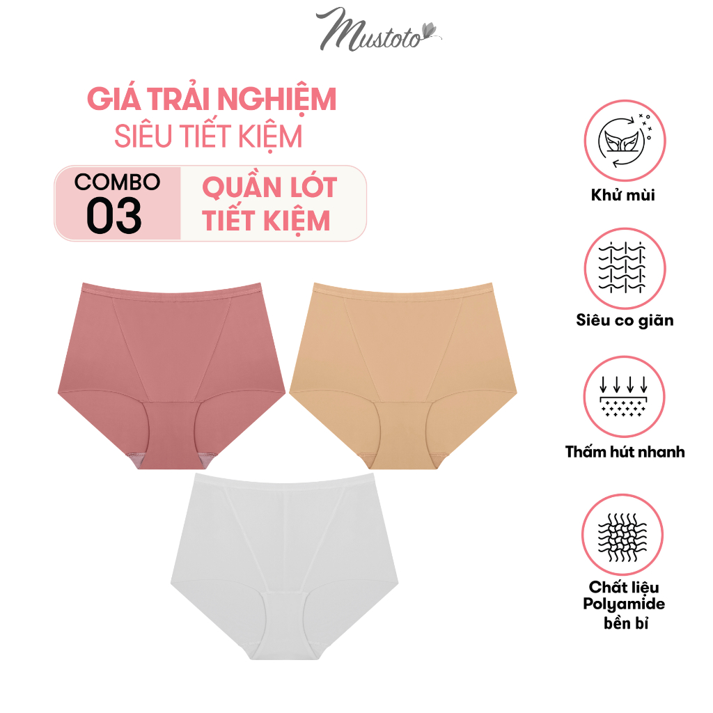 Combo 3 Quần Lót Nữ Trơn Lưng Cao Ôm Bụng Thoải Mái Anise Hồng Cam, Trắng, Da Đậm Mustoto MQ09 spe