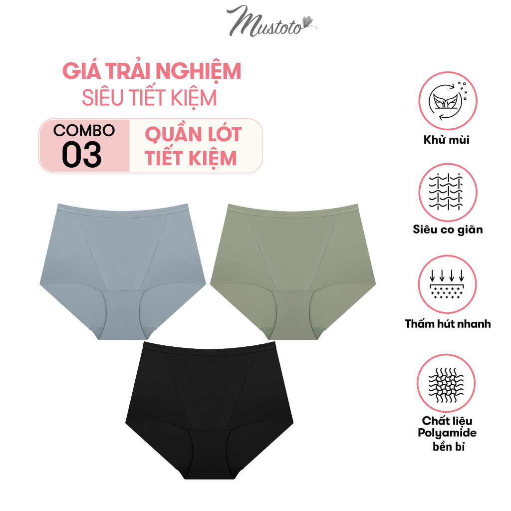 Combo 3 Quần Lót Nữ Trơn Lưng Cao Ôm Bụng Thoải Mái Anise Xanh Ngọc, Xám Tây, Đen Mustoto MQ09 spe
