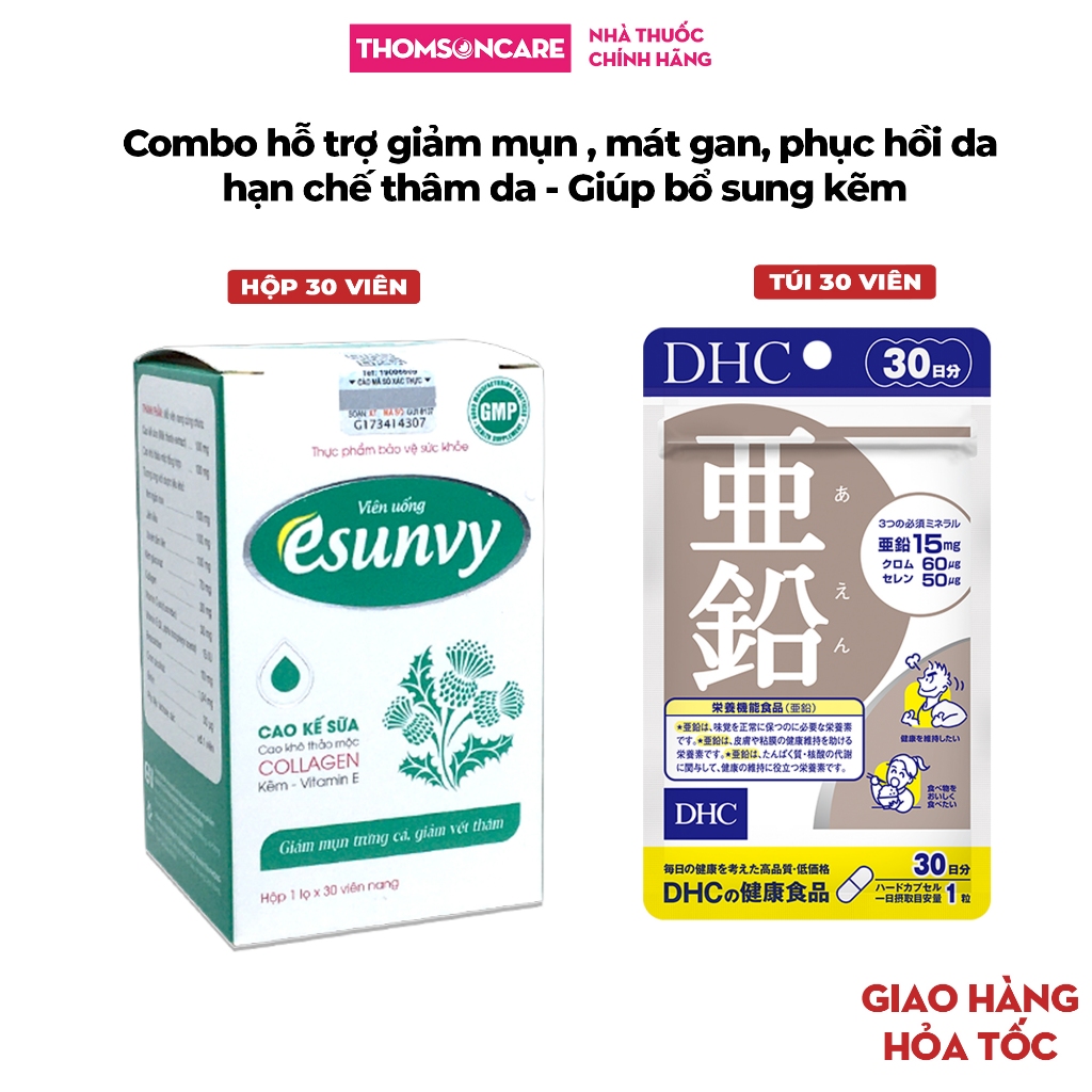 Combo giảm mụn, bố sung kẽm - Esunvy 30v và DHC Kẽm 30v- Giúp thanh nhiệt, mát gan, phục hồi da, giản mụn trứng cá