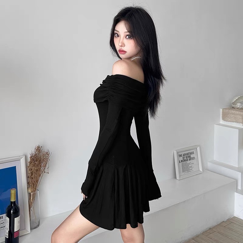 [GIÁ SỐC] Đầm Body Tay Dài Trễ Vai RANSHI Thiết Kế Xếp Ly Form Siêu Xinh Váy Vải Mềm Mát Style Hàn Quốc