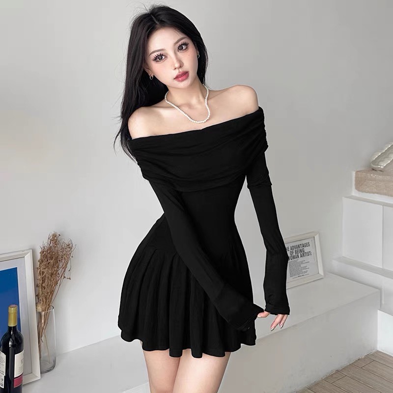 [GIÁ SỐC] Đầm Body Tay Dài Trễ Vai RANSHI Thiết Kế Xếp Ly Form Siêu Xinh Váy Vải Mềm Mát Style Hàn Quốc