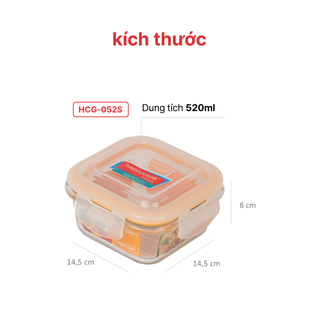 Ảnh Bộ 3 hộp thủy tinh Vuông 520ml + kèm túi giữ nhiệt HAPPYCOOK, HCG-03SB 2