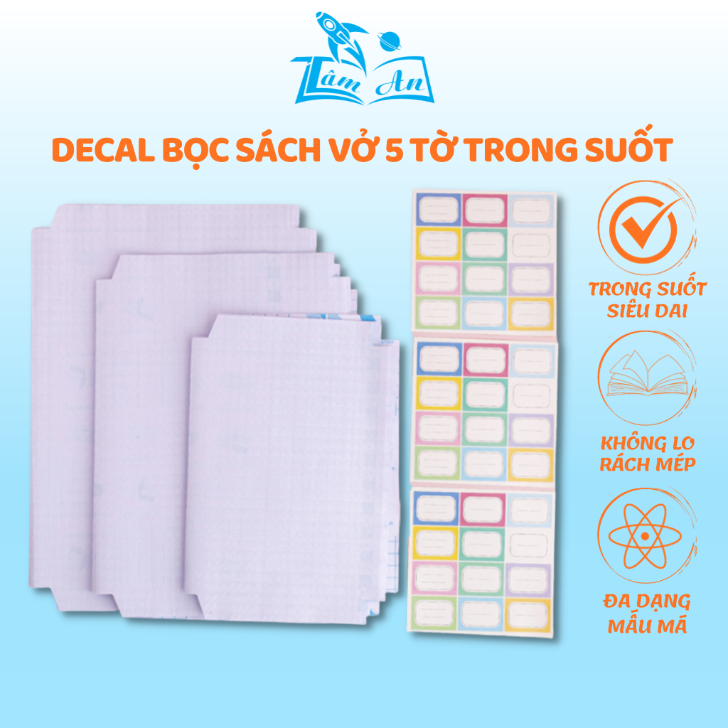 Ảnh Decal bọc sách vở 5 tờ trong suốt nhiều size cho tập, sách giáo khoa, truyện, a4 - Nhà Sách Tâm An 1