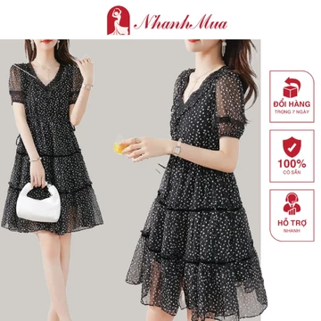 Đầm trung niên (Đẹp xinh) Đầm babydoll voan họa tiết tim nhí - 14029
