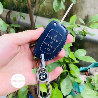 Bọc Chìa Khóa Hyundai Accent Blue, i10(bản Base)...ốp da chìa khóa cơ Accent, I10 bằng da bò thật kèm móc khóa logo