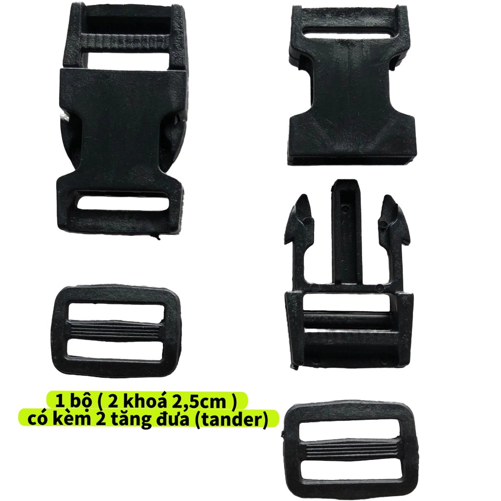 Bộ 2 khóa nhựa đen 2,5 / 4 / 5cm đa năng tiện dụng , kèm tăng đưa đồng bộ