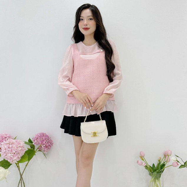 MEDYLA – Áo bầu dạ Tweed phối tay sơ mi cho bầu mặc đi chơi du lịch – ATD1585