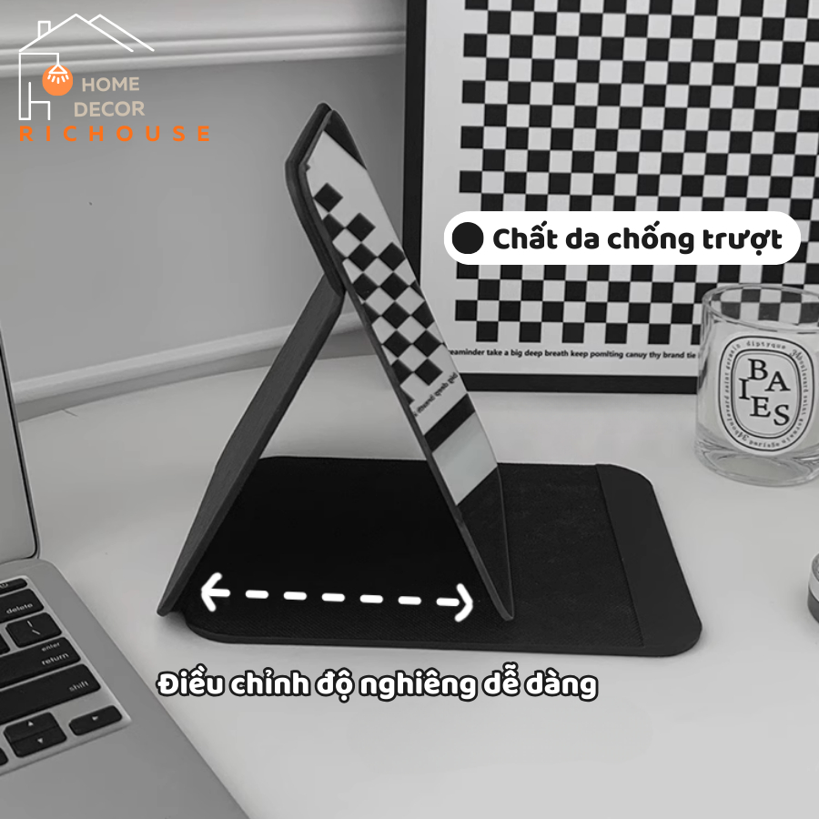 Gương trang điểm gấp gọn chất liệu da PU chống trượt, gương da đen gấp để bàn gương soi siêu nét