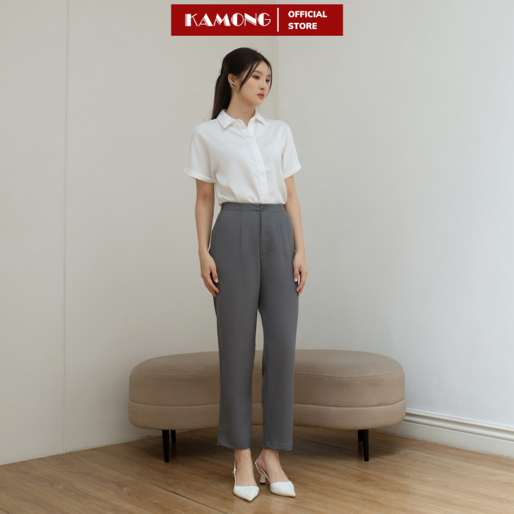 Ảnh Quần tây baggy nữ KAMONG lưng thun cạp cao kiểu dáng công sở cao cấp Q013 4