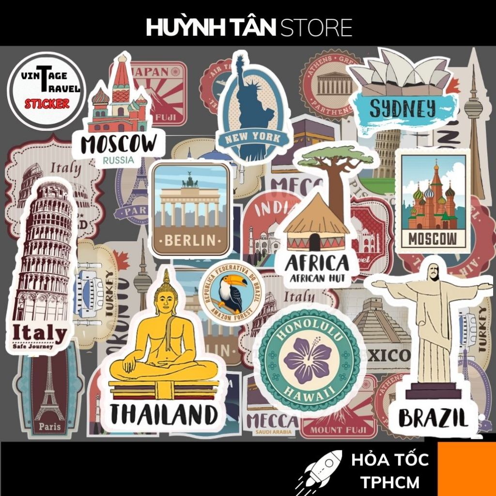Set 20 hình dán sticker du lịch Vintage Travel nhám chống thấm nước bay ...