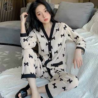 B11 Bộ Đồ Ngủ Nữ Dài Tay Thu Đông Cổ Chữ V,Chất Cotton Lụa Mềm Mại,Thoải Mái Phương Linh Underwear