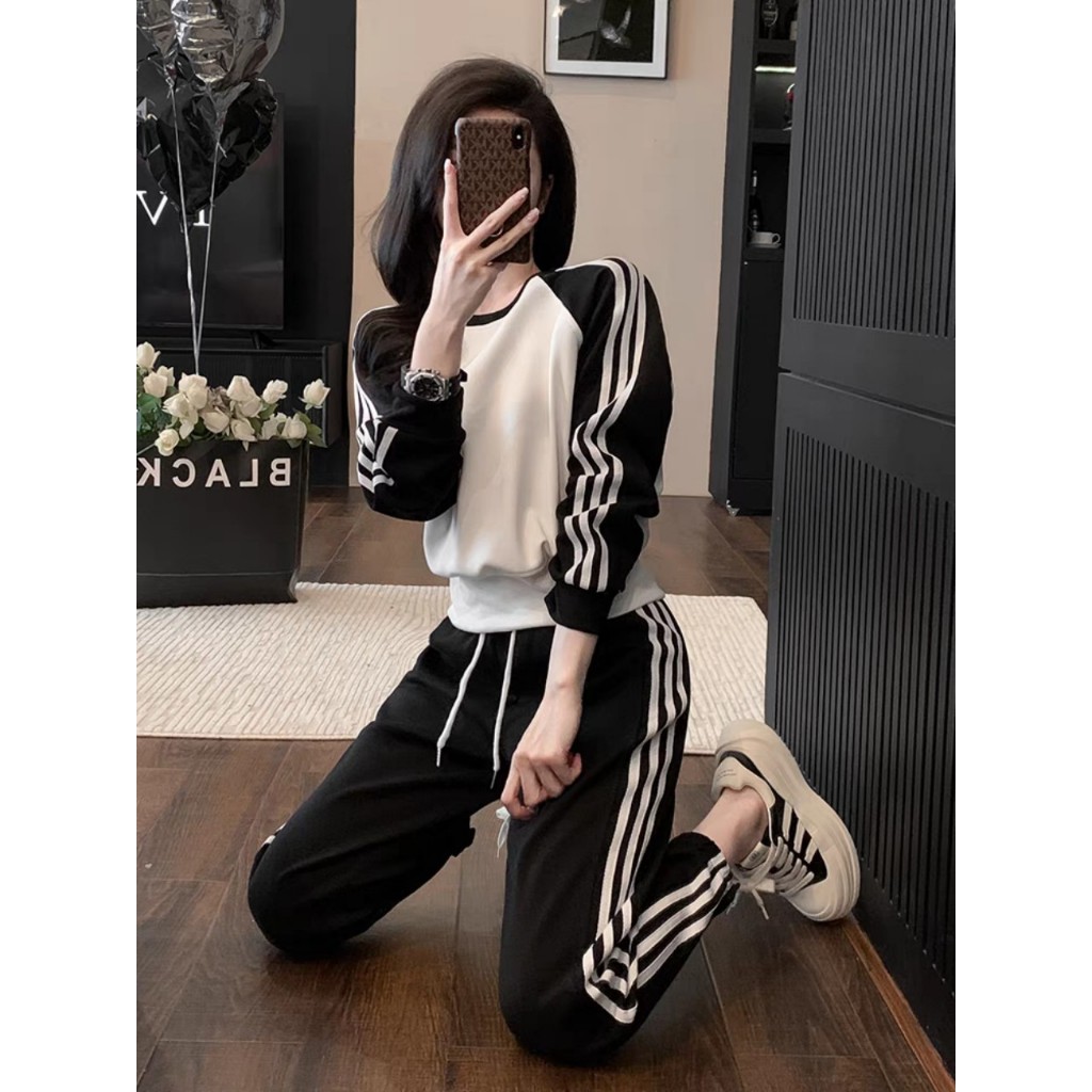 Set thun nữ dài tay phối sọc thể thao, bộ đồ nữ nỉ cotton phối sọc thể thao Yoursee hàng thiết kế chất umi | BigBuy360 - bigbuy360.vn