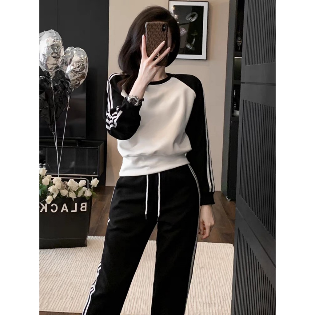Set thun nữ dài tay phối sọc thể thao, bộ đồ nữ nỉ cotton phối sọc thể thao Yoursee hàng thiết kế chất umi | BigBuy360 - bigbuy360.vn