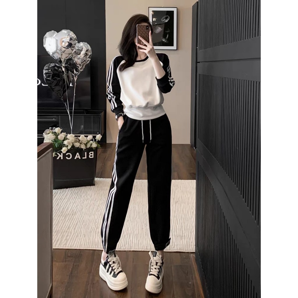 Set thun nữ dài tay phối sọc thể thao, bộ đồ nữ nỉ cotton phối sọc thể thao Yoursee hàng thiết kế chất umi | BigBuy360 - bigbuy360.vn