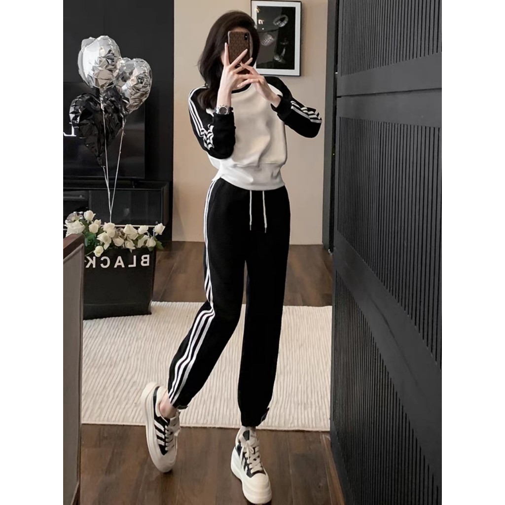 Set thun nữ dài tay phối sọc thể thao, bộ đồ nữ nỉ cotton phối sọc thể thao Yoursee hàng thiết kế chất umi | BigBuy360 - bigbuy360.vn