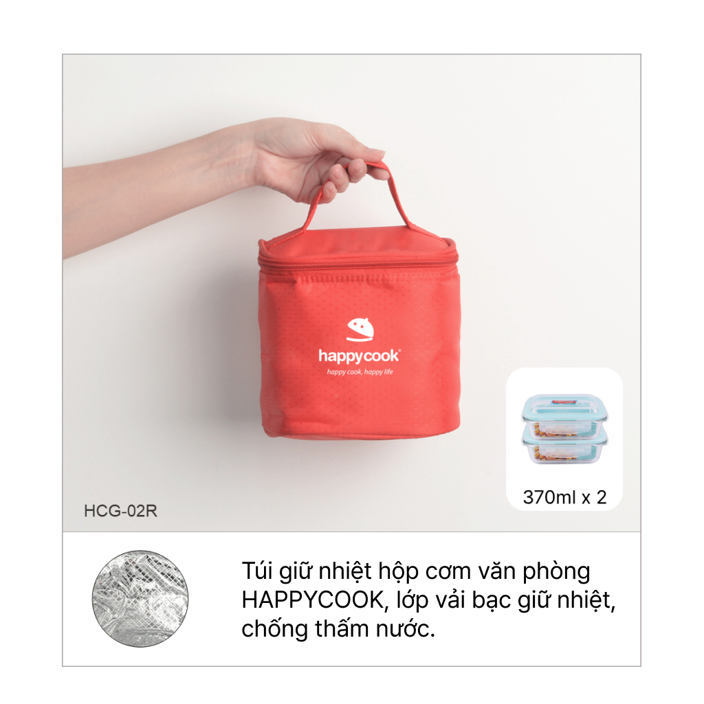 Ảnh Bộ 2 hộp thủy tinh Hình chữ nhật 370ml + kèm túi giữ nhiệt HAPPYCOOK, HCG-02R 1