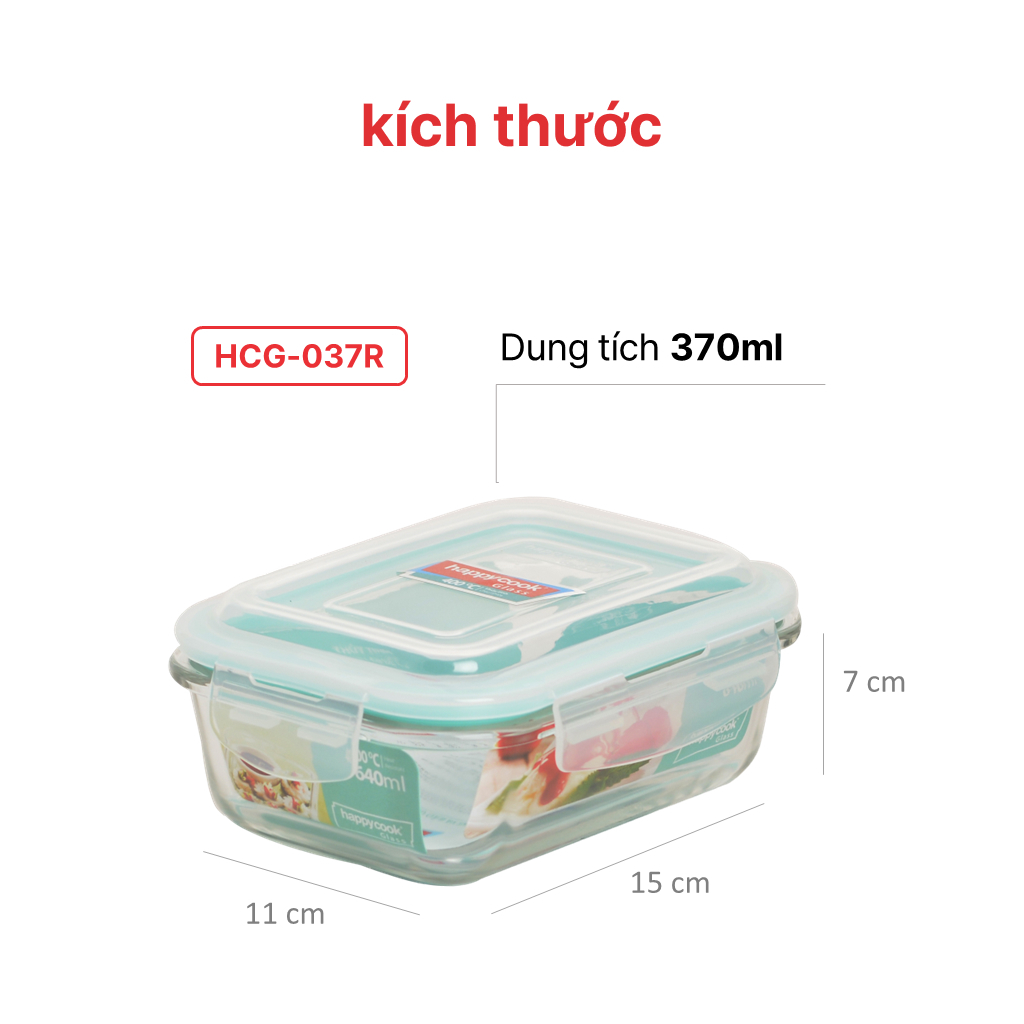 Ảnh Bộ 2 hộp thủy tinh Hình chữ nhật 370ml + kèm túi giữ nhiệt HAPPYCOOK, HCG-02R 2