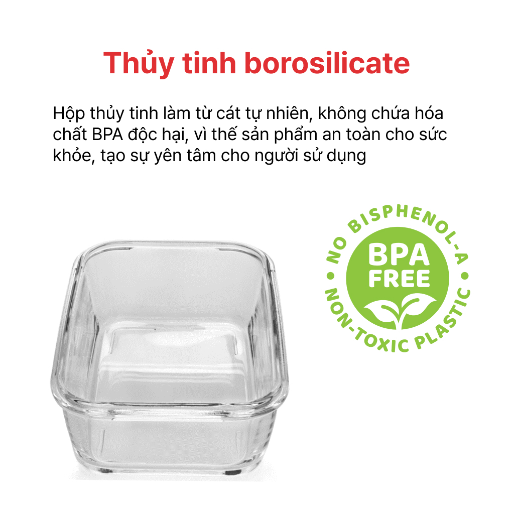 Ảnh Bộ 2 hộp thủy tinh Hình chữ nhật 370ml + kèm túi giữ nhiệt HAPPYCOOK, HCG-02R 3
