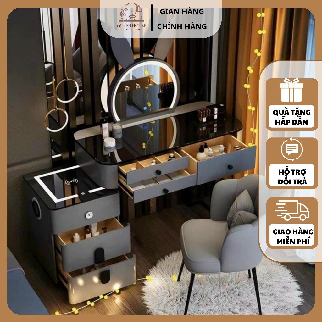 Bàn trang điểm BN1 gương nhập khẩu QueenHouse bàn phấn trang điểm phong cách hiện đại có loa bluetooth kèm sạc không dây