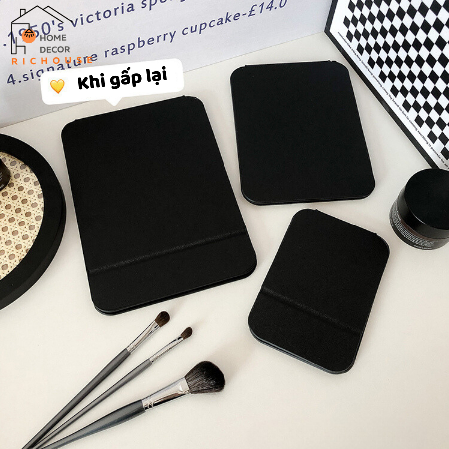 Gương trang điểm gấp gọn chất liệu da PU chống trượt, gương da đen gấp để bàn gương soi siêu nét
