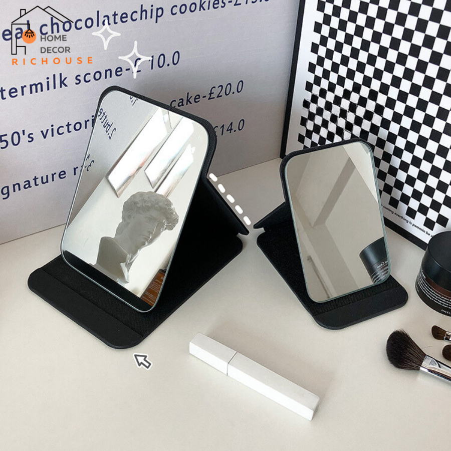 Gương trang điểm gấp gọn chất liệu da PU chống trượt, gương da đen gấp để bàn gương soi siêu nét