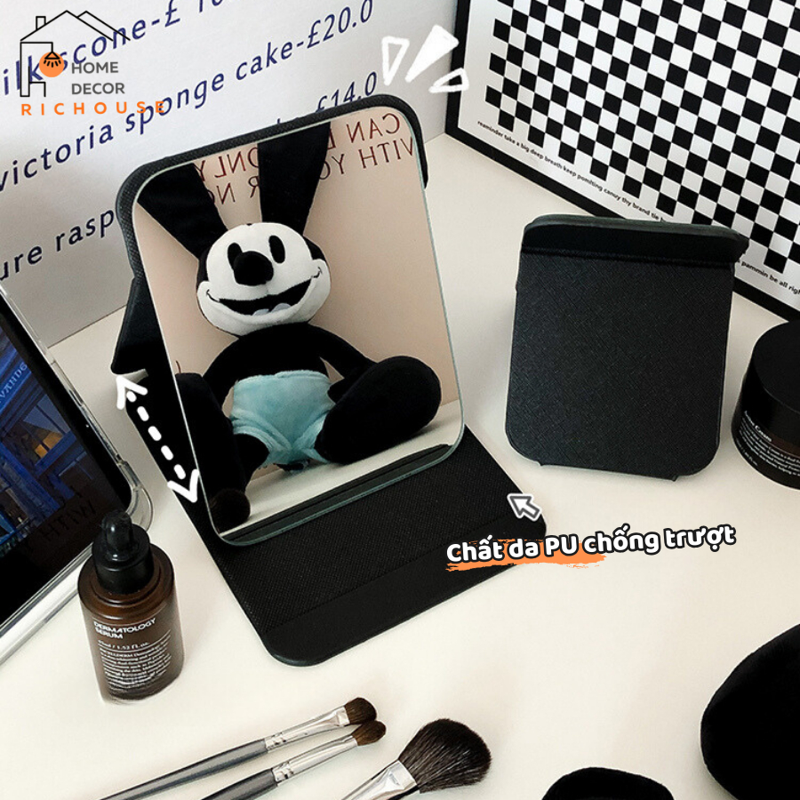 Gương trang điểm gấp gọn chất liệu da PU chống trượt, gương da đen gấp để bàn gương soi siêu nét