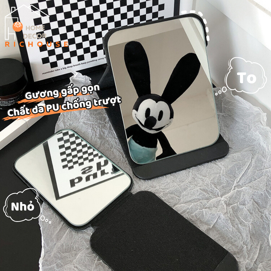 Gương trang điểm gấp gọn chất liệu da PU chống trượt, gương da đen gấp để bàn gương soi siêu nét