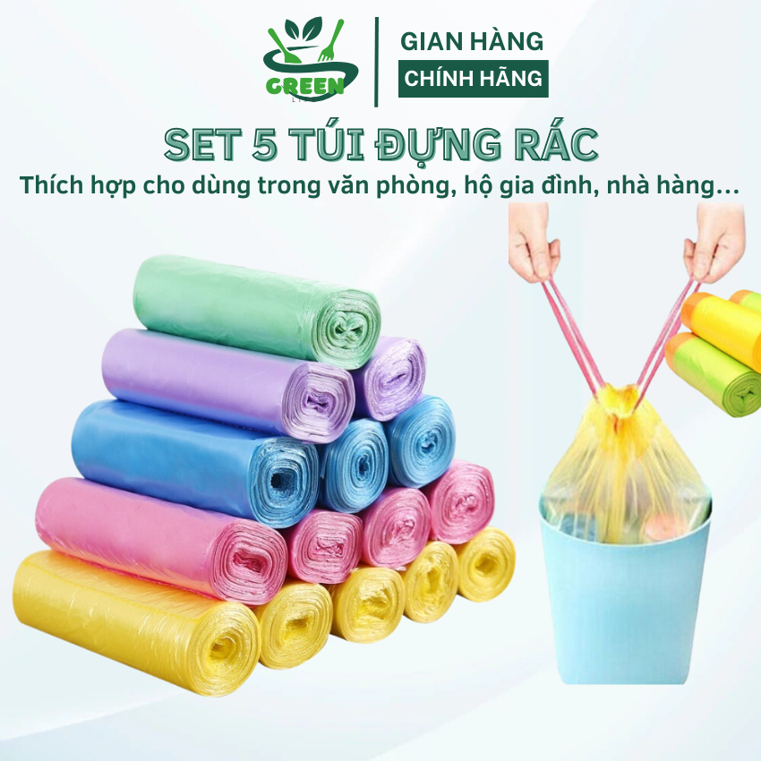 Combo 5 cuộn túi đựng rác có dây rút tự phân hủy kích thước 45x50cm(15 ...