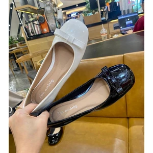 Giày tiểu thư mary jane cao gót mũi vuông nơ quai ngang đế vuông cao 3p chất liêu xi bóng _A366NN
