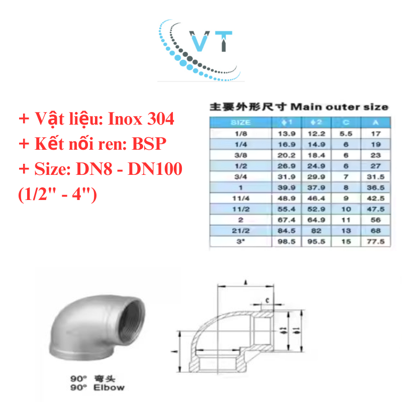 CO REN 90 Độ INOX 304  60mm 76mm,90mm,114mm