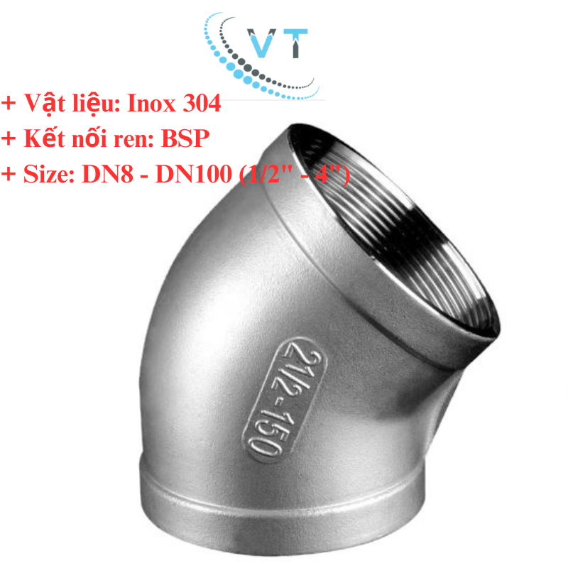 CO REN 45 Độ INOX 304 21 mm, 27mm,34mm,42mm,49mm,60mm