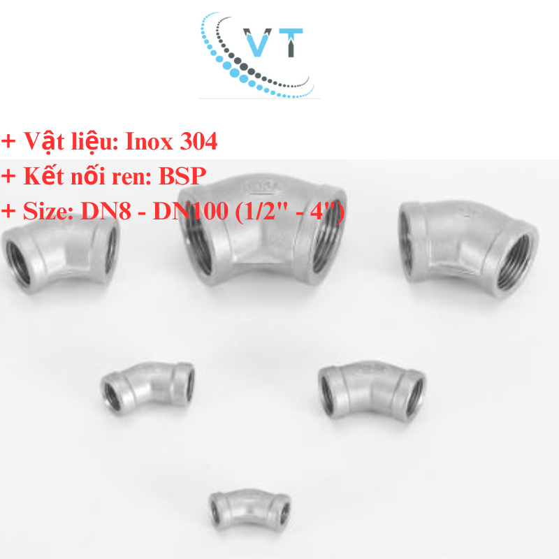 CO REN 45 Độ INOX 304 21 mm, 27mm,34mm,42mm,49mm,60mm