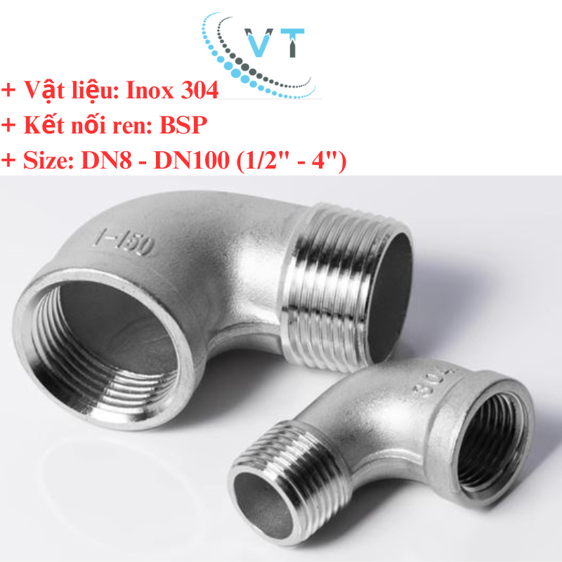 COMBO 10 CÁI CO REN 90 Độ INOX 304 21 mm, 27mm,34mm,42mm,49mm,60mm