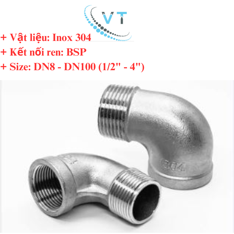 COMBO 10 CÁI CO REN 90 Độ INOX 304 21 mm, 27mm,34mm,42mm,49mm,60mm