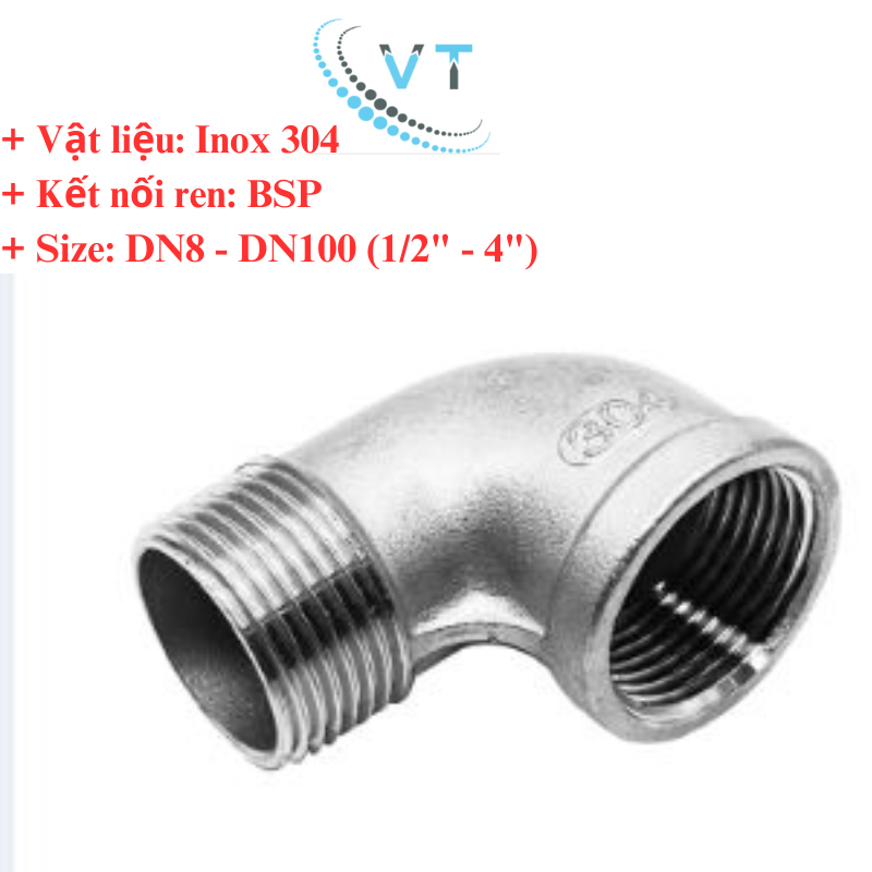COMBO 10 CÁI CO REN 90 Độ INOX 304 21 mm, 27mm,34mm,42mm,49mm,60mm