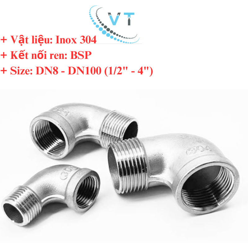 COMBO 10 CÁI CO REN 90 Độ INOX 304 21 mm, 27mm,34mm,42mm,49mm,60mm