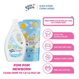 Nước Giặt Xả Pom Pom Newborn [Can 1.6L+1.2L] An toàn cho bé mới lọt lòng Sạch Sâu Nôn trớ Ọc sữa Hương Phấn NB16 NB12
