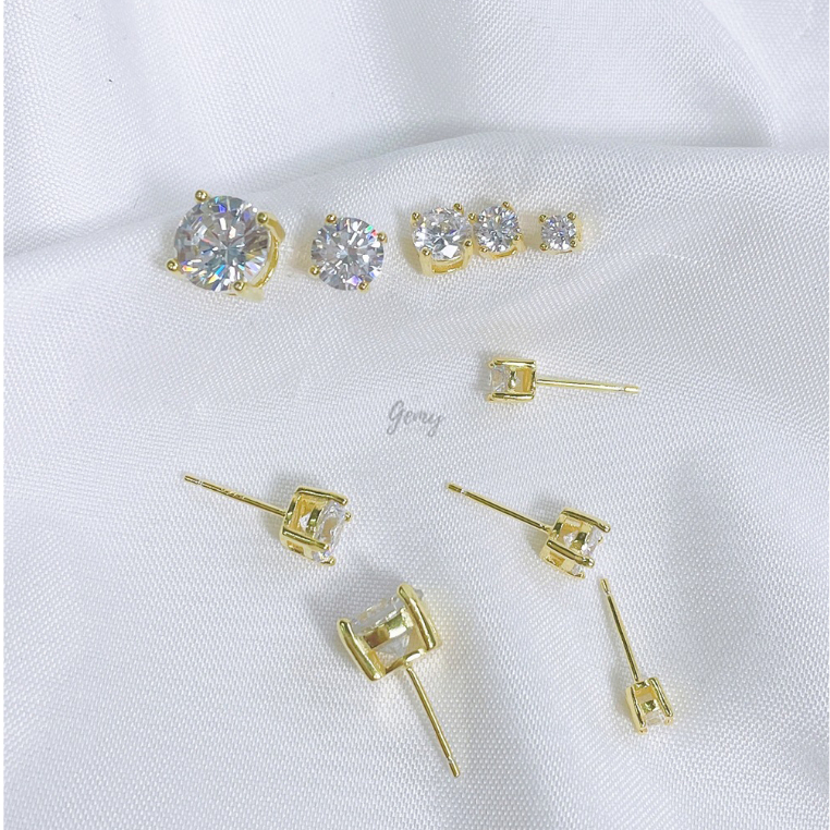 Khuyên tai nam nữ bạc 925 thanh thẳng ổ đá tròn 2 đơn giản unisex (1 chiếc) | GEMY SILVER KN103