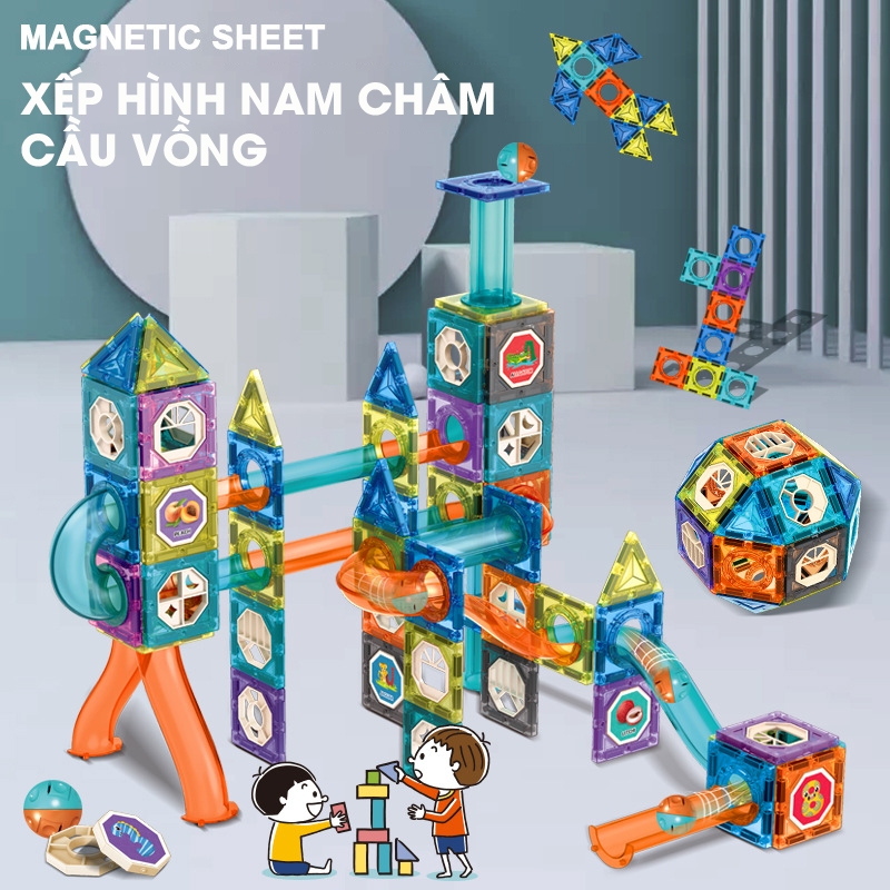 Xếp hình nam châm thả bi kèm mô hình thả bi Magnetic, đồ chơi ghép hình sáng tạo 97 chi tiết_hàng cao cấp hút siêu chắc