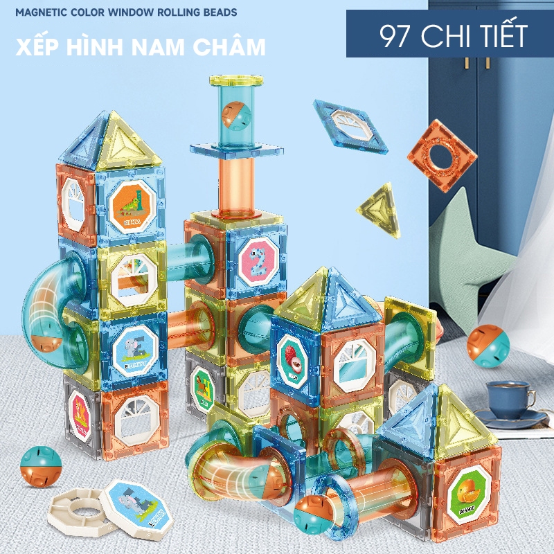 Xếp hình nam châm thả bi kèm mô hình thả bi Magnetic, đồ chơi ghép hình sáng tạo 97 chi tiết_hàng cao cấp hút siêu chắc