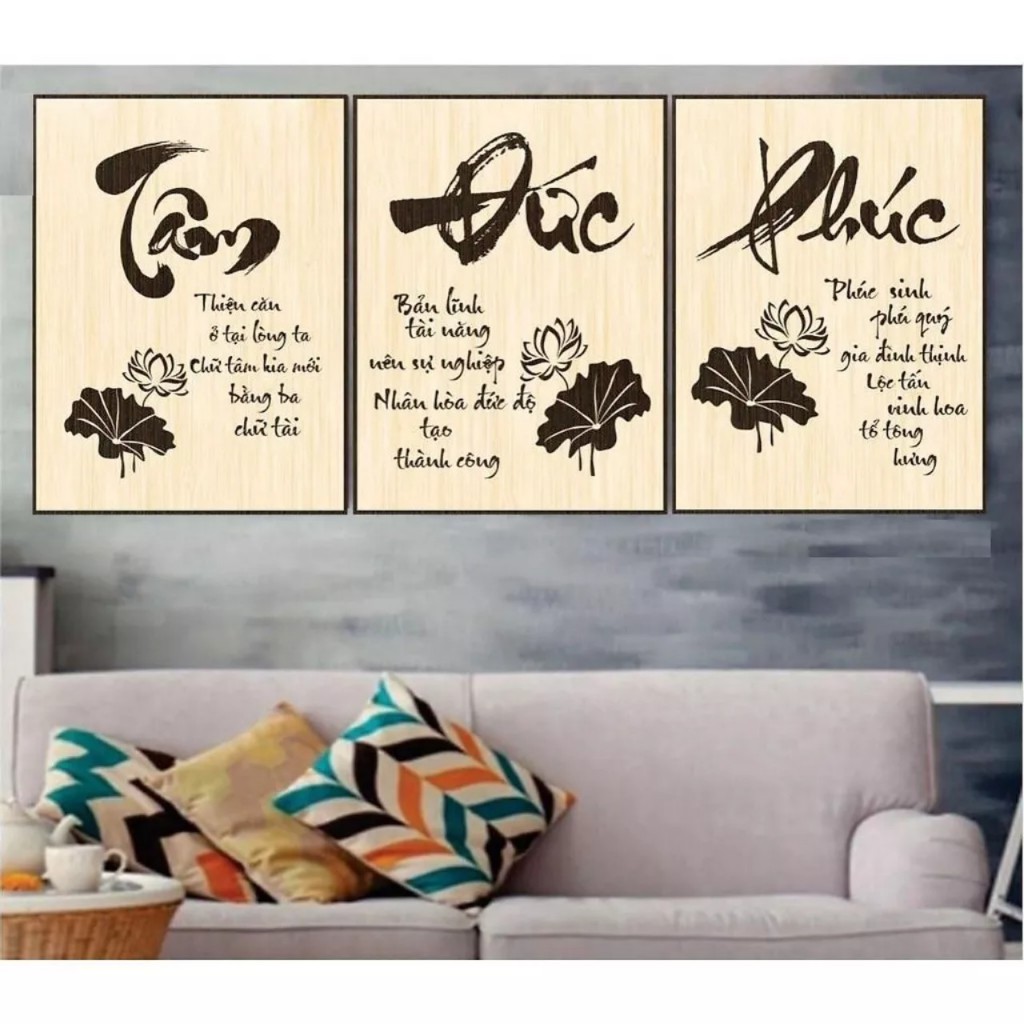 Bộ 3 tranh tâm phúc đức, tranh thư pháp, tranh treo tường, tranh thư pháp chữ tâm, phúc, đức