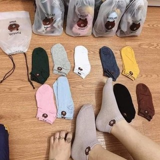 Combo 10 đôi tất nữ cổ ngắn hình gấu kute tặng kèm túi rút