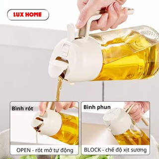 Chai đựng dầu ăn thủy tinh nắp mở tự động 470ml , Bình xịt dầu ăn thông minh 2 trong 1, Hũ đựng nước mắm, xì dầu,mật ong