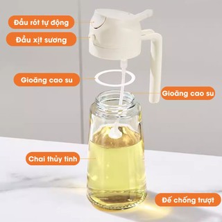 Chai đựng dầu ăn thủy tinh nắp mở tự động 470ml , Bình xịt dầu ăn thông minh 2 trong 1, Hũ đựng nước mắm, xì dầu,mật ong