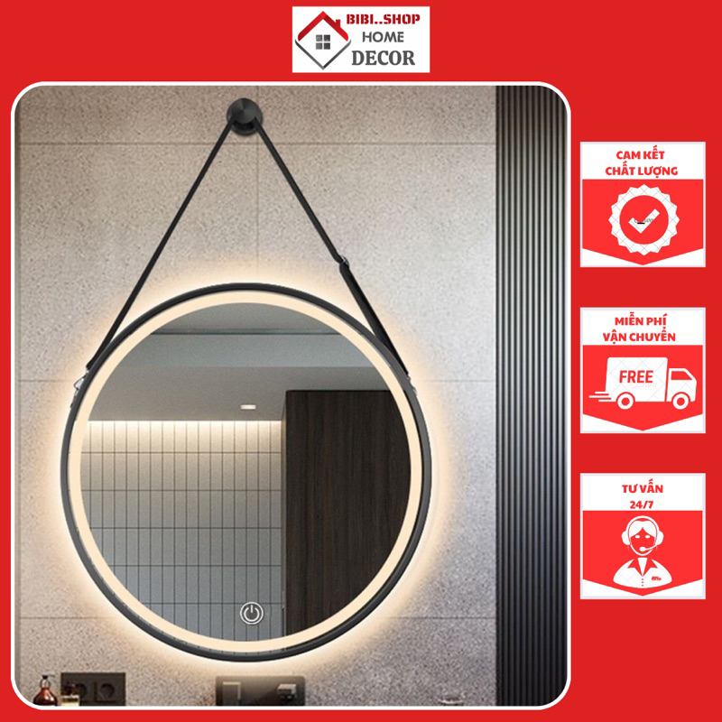 Gương Trang Điểm Treo Tường Viền Da Đèn LED 3 Màu Cảm Ứng Cao Cấp