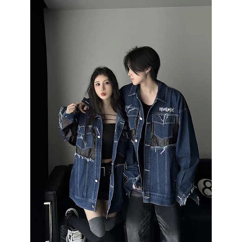 (video thật)Áo Khoác Denim - Áo Khoác Jean Rách Phối Da Hoạ Tiết Chữ ...